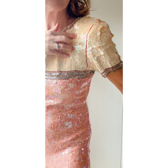 Vintage 80s Silk Sequin Pink Cocktail Dress Medium Fit Knee Length Sparkle Shine - Picture 9 of 14